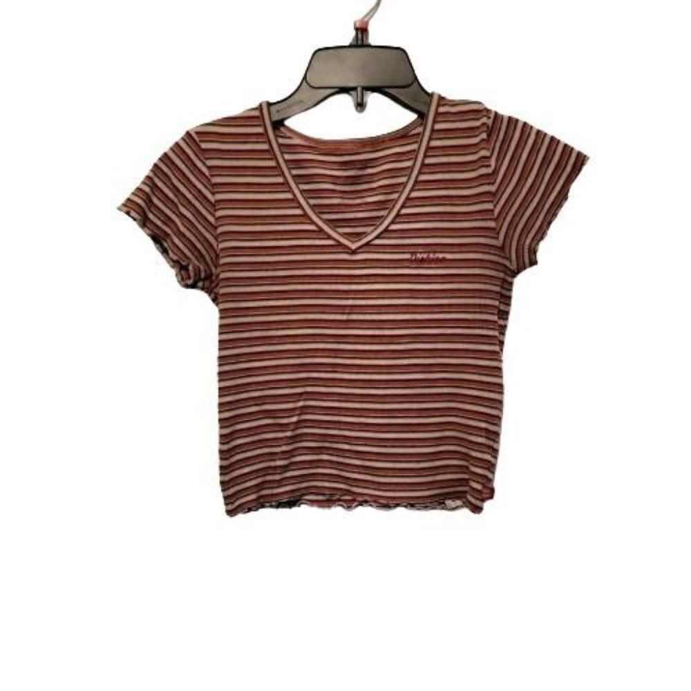 Dickies Womens Orange Striped V-Neck Short Sleeve Pullover Cropped Top Size S
